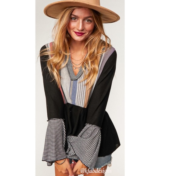 LAST 1! V Neck So Soft Multi Color Block French Terry Ruffle Sleeves and Hem Top - Picture 2 of 8